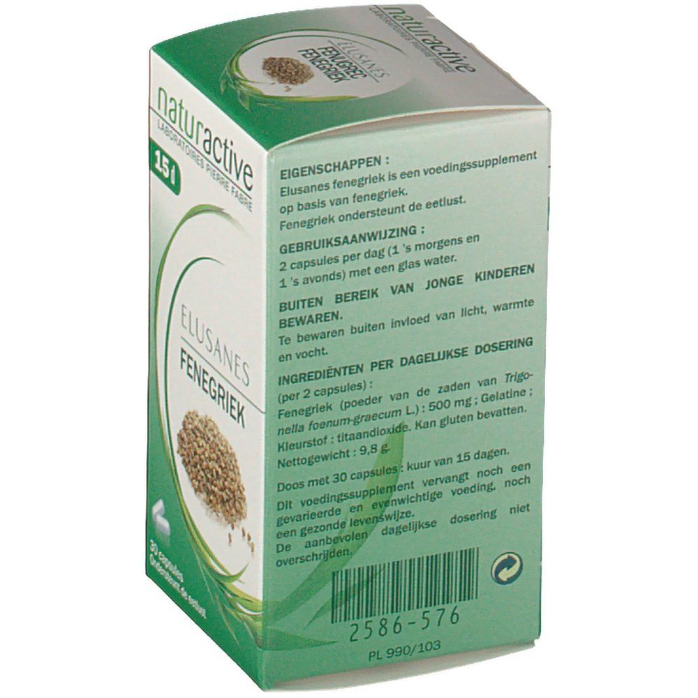Achterkant van de doos met tekst. Opschrift: Elusanes Fenegriek, 30 capsules. Ingrediëntenlijst. Chargenummer.