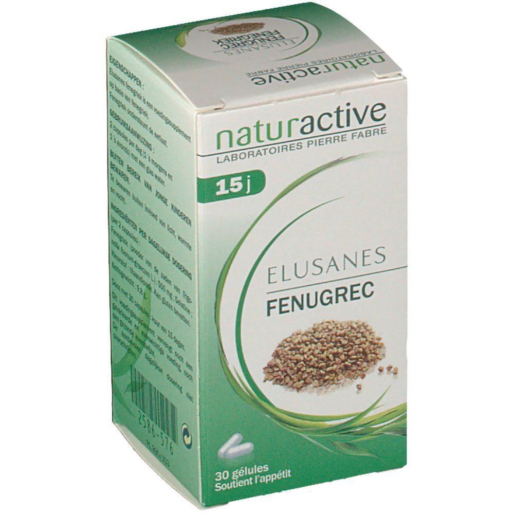 Doosje met capsules. Opschrift: naturactive, Elusanes FenuGrec, 15 j. Afbeelding van zaden. 30 capsules.