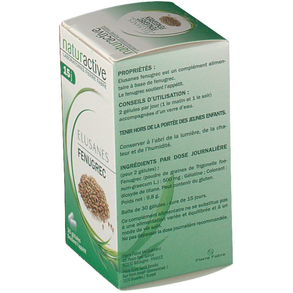 Achterkant van de doos met tekst. Opschrift: Elusanes FenuGrec, 30 gélules. Ingrediëntenlijst. Chargenummer.