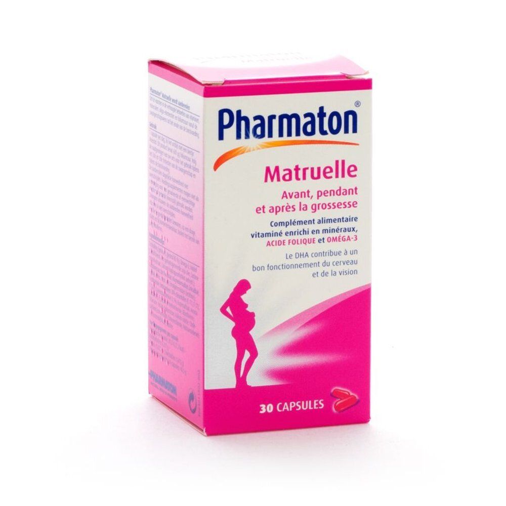 Pharmaton Matruelle. Boîte rose avec informations produit et logo. Contient 30 capsules. Silhouette d'une femme enceinte.