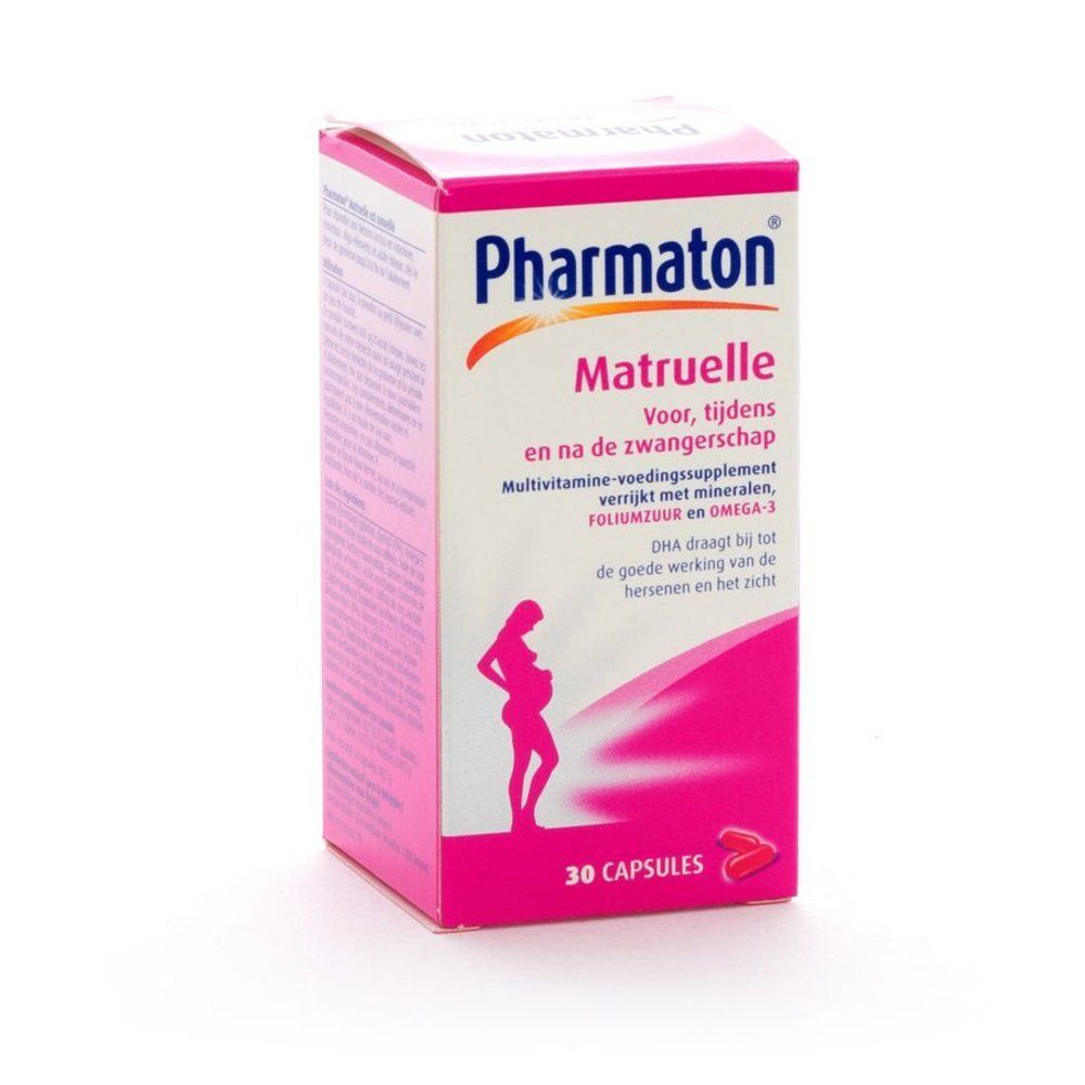 Pharmaton Matruelle. Roze doos met productinfo en logo. Bevat 30 capsules. Afbeelding van een zwangere vrouw.