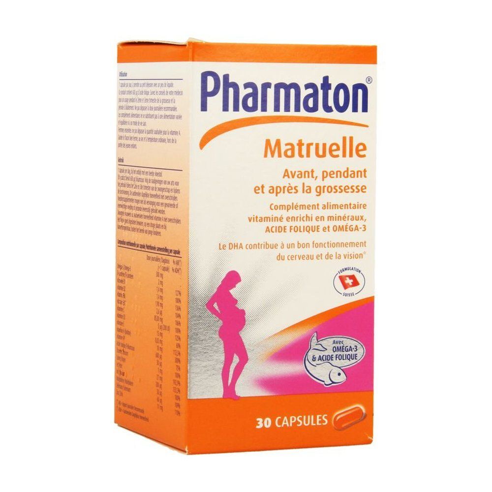 Pharmaton Matruelle. Boîte orange avec informations produit et logo. Contient 30 capsules. Silhouette d'une femme enceinte.