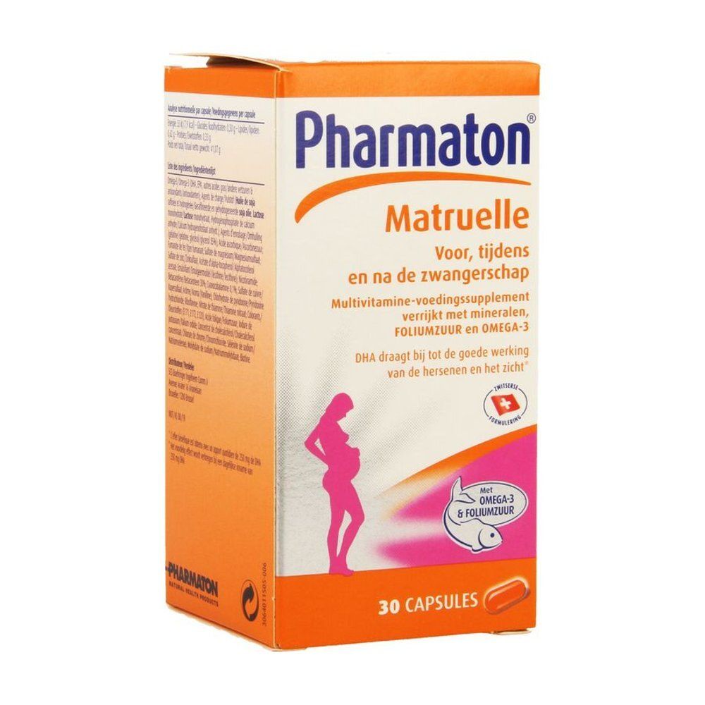 Pharmaton Matruelle. Oranje doos met productinfo en logo. Bevat 30 capsules. Afbeelding van een zwangere vrouw.