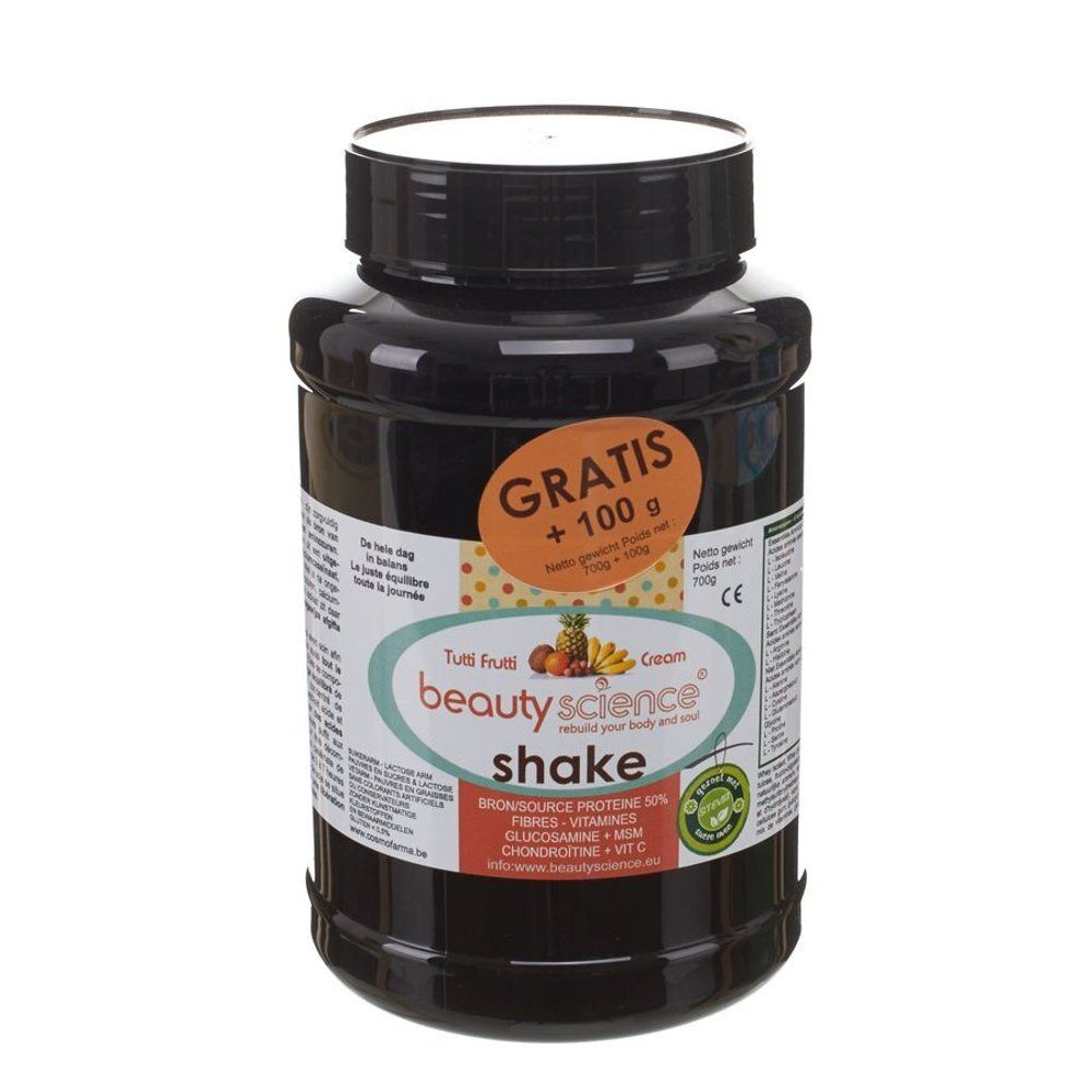 Zwarte pot met witte deksel. Sticker met "GRATIS + 100 g". Opschrift "beauty science shake".