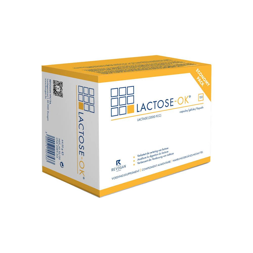 Boîte jaune "LACTOSE-OK". Image du produit avec texte et éléments graphiques. Fond blanc.