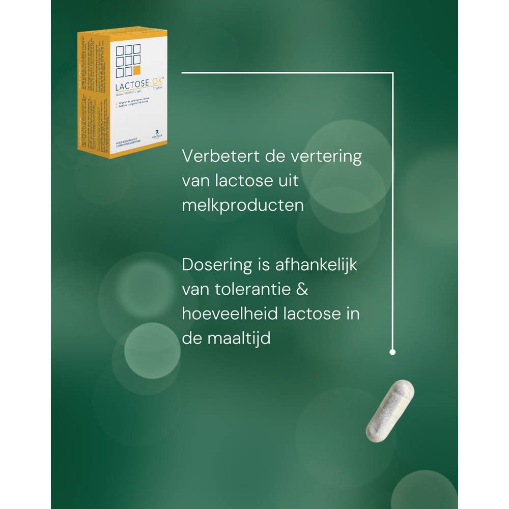 Afbeelding met een capsule en tekst in het Nederlands. "LACTOSE-OK" doos op de achtergrond.
