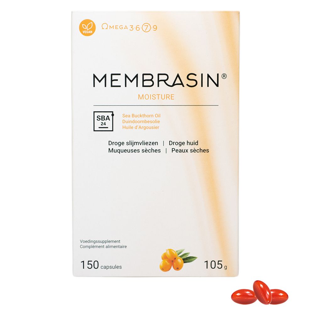 Witte doos Membrasin "Moisture". Bevat 150 capsules. Meertalige opschriften. Omega 3679 en SBA 24 logo.