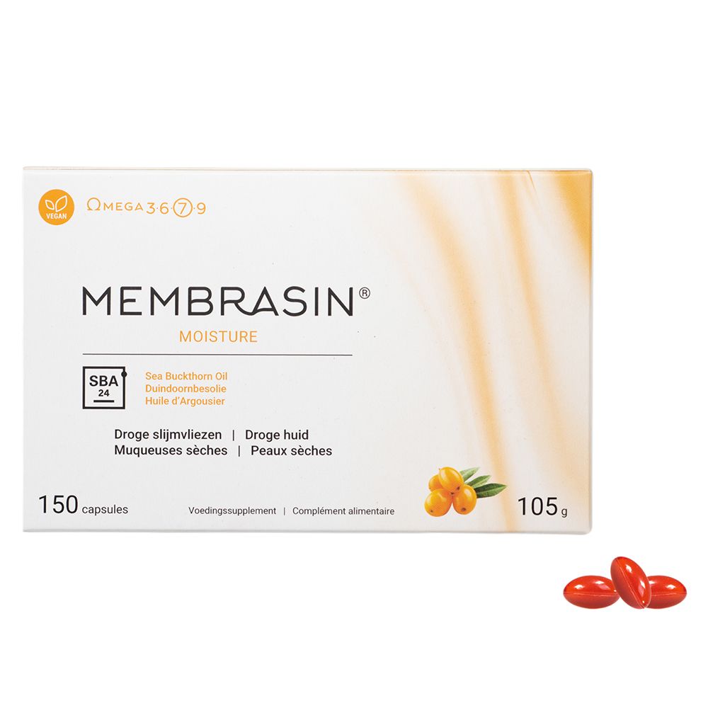 Boîte blanche Membrasin, Moisture, 150 capsules, 105g. Logo Omega 3 6 7 9. Illustration de baies et capsules.