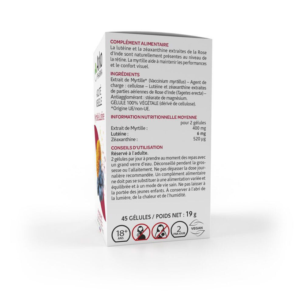 Dos de la boîte blanche. Texte sur ingrédients, conseils d'utilisation et informations nutritionnelles. 45 gélules, 19g.