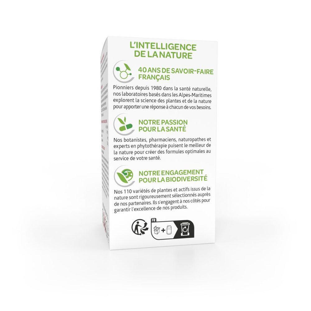 Dos de la boîte blanche. Texte sur la philosophie Arkopharma. Logos et code QR.