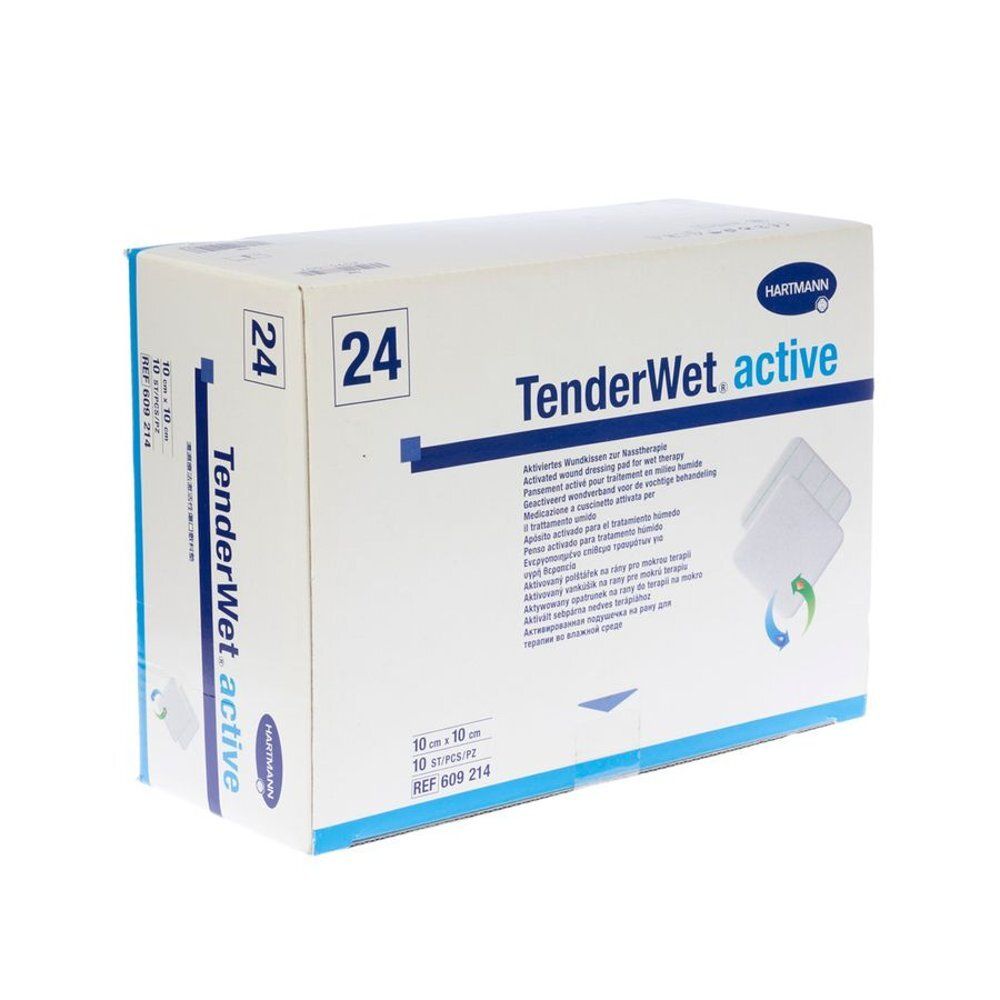 Boîte de Hartmann TenderWet active. Inscription : 24, 10 x 10 cm. Image du produit et logo de la marque. Design blanc et bleu.