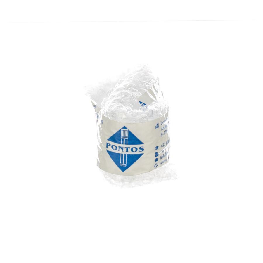 Verpakking met witte, ronde objecten. Op de verpakking staat het Pontos-logo met een blauwe diamant en tekst.