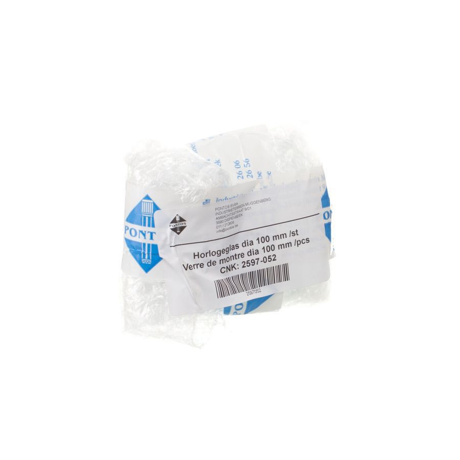 Verpakte horlogeglas. Label met productinformatie: Horlogeglas dia 100 mm/st, CNK: 2597-052. Logo: PONT.
