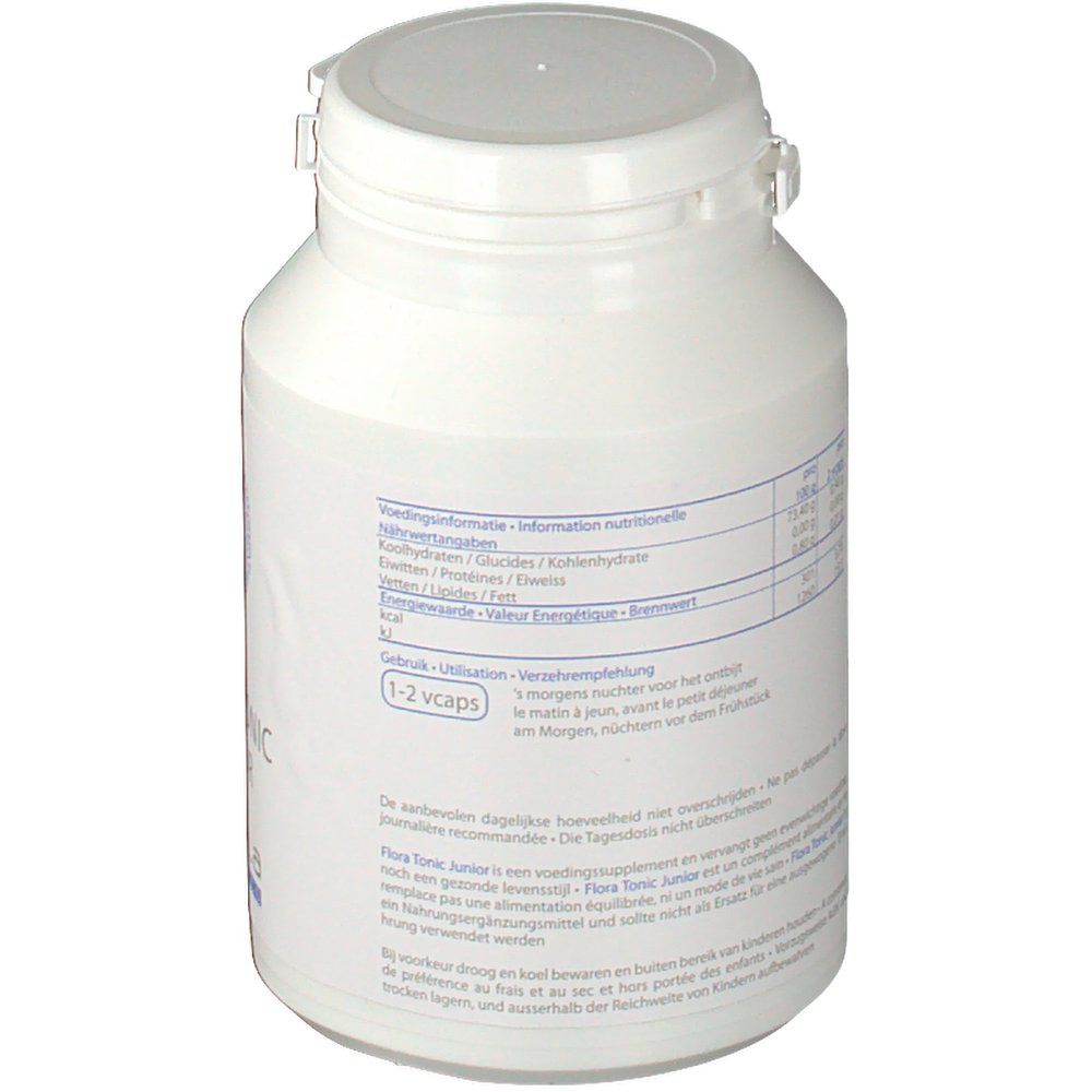 Flacon blanc avec couvercle. Dos avec texte et informations nutritionnelles multilingues.