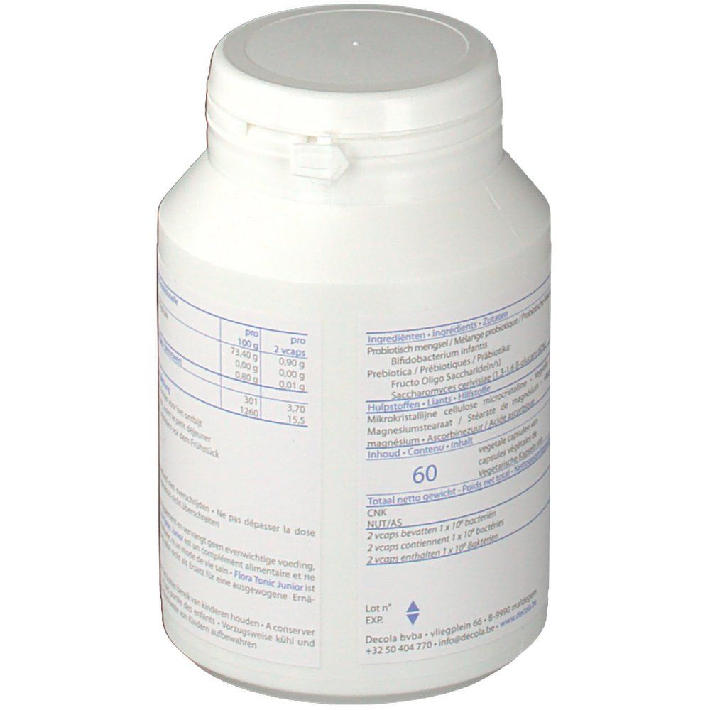 Flacon blanc avec couvercle. Dos avec texte, ingrédients et informations nutritionnelles. 60 gélules.