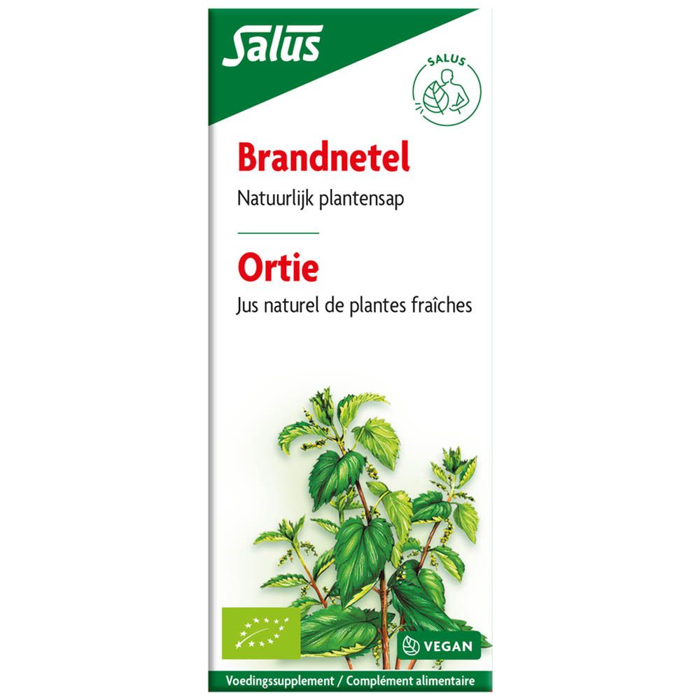 Salus Brandnetel. Kartonnen verpakking met afbeelding van brandnetel. Tekst: Brandnetel, Natuurlijk plantensap. Vegan-keurmerk.