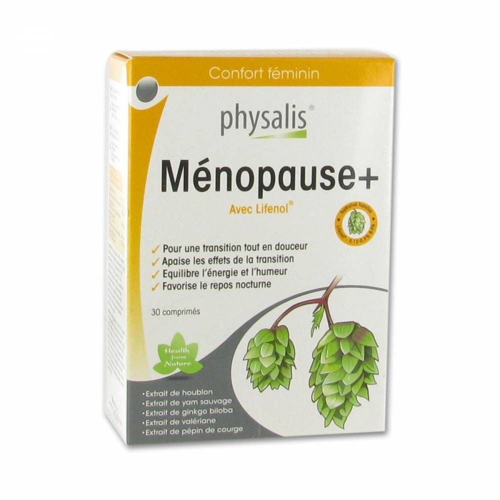 Doos "Physalis Ménopause+". Tekst "Vrouwelijk comfort". Bevat 30 tabletten. Illustratie van hop. Met Lifenol.