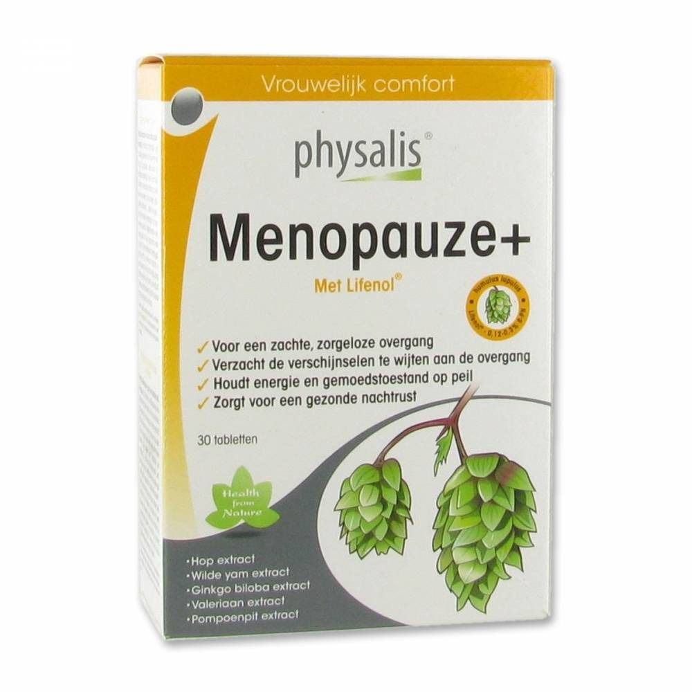 Doos "Physalis Ménopause+". Tekst "Vrouwelijk comfort". Bevat 30 tabletten. Illustratie van hop. Met Lifenol.