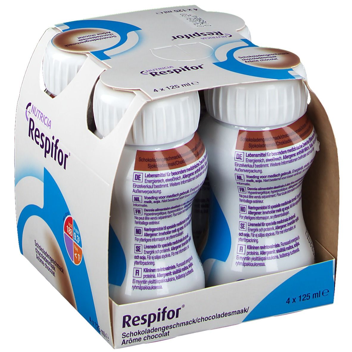 Emballage de quatre bouteilles Respifor Chocolat. Deux bouteilles visibles. Inscription : Nutricia Respifor, goût chocolat. Texte sur les bouteilles.