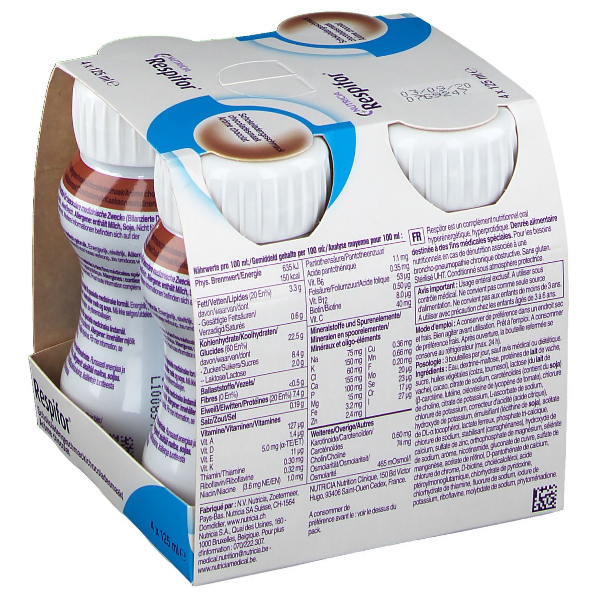 Emballage de quatre bouteilles Respifor Chocolat. Dos des bouteilles avec informations nutritionnelles. Inscription : Nutricia Respifor, goût chocolat.