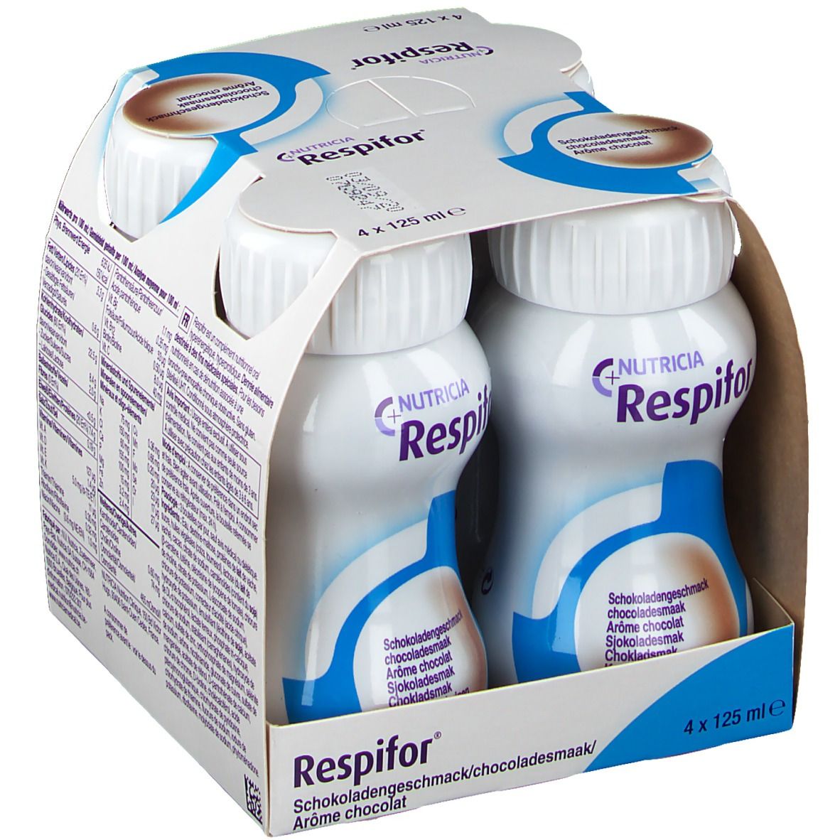 Emballage de quatre bouteilles Respifor Chocolat. Deux bouteilles visibles. Inscription : Nutricia Respifor, goût chocolat. Emballage bleu et blanc.