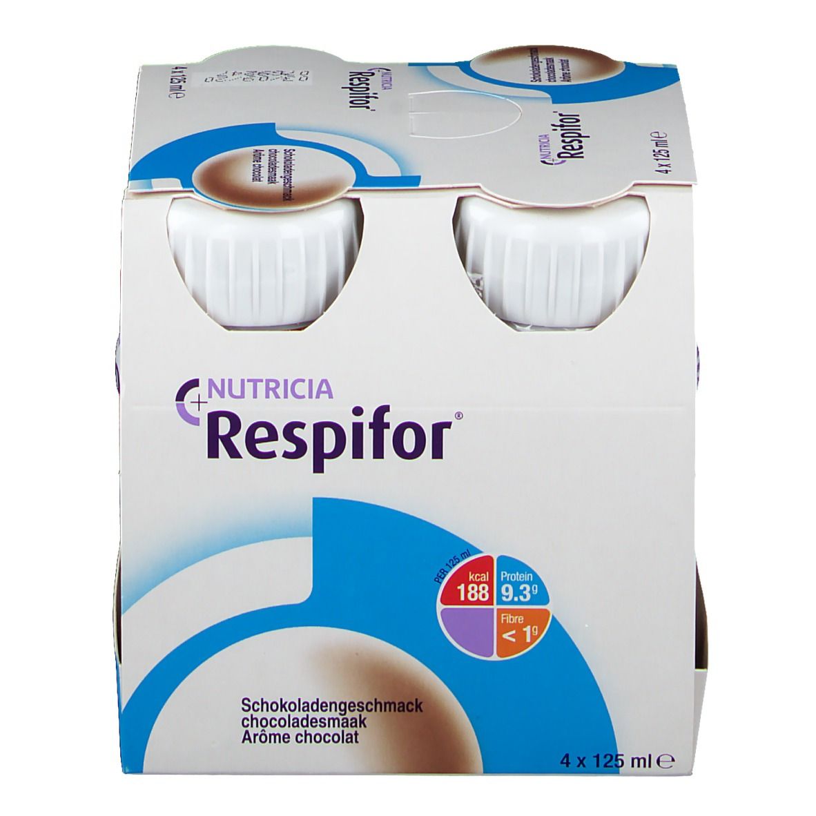 Emballage de quatre bouteilles Respifor Chocolat. Inscription : Nutricia Respifor, goût chocolat. Informations nutritionnelles dans un cercle.