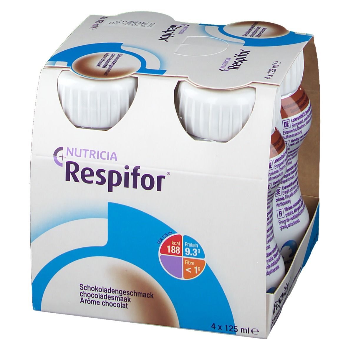 Emballage de quatre bouteilles Respifor Chocolat. Inscription : Nutricia Respifor, goût chocolat. Informations nutritionnelles dans un cercle.