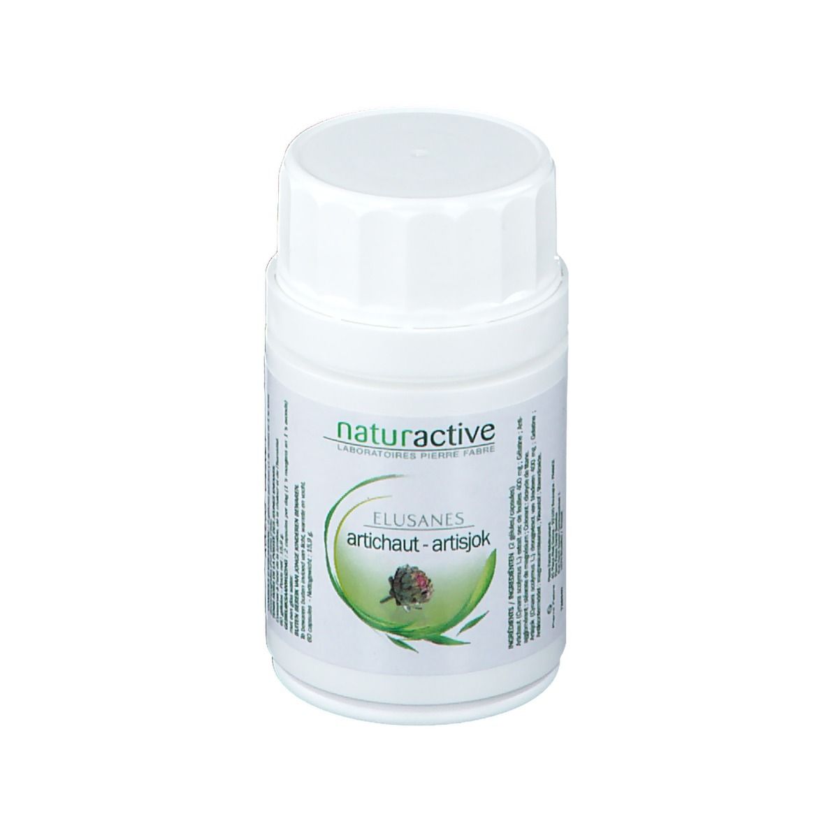 Witte, cilindrische fles met schroefdop. Opschrift: Elusanes Artichaut-Artisjok, naturactive.