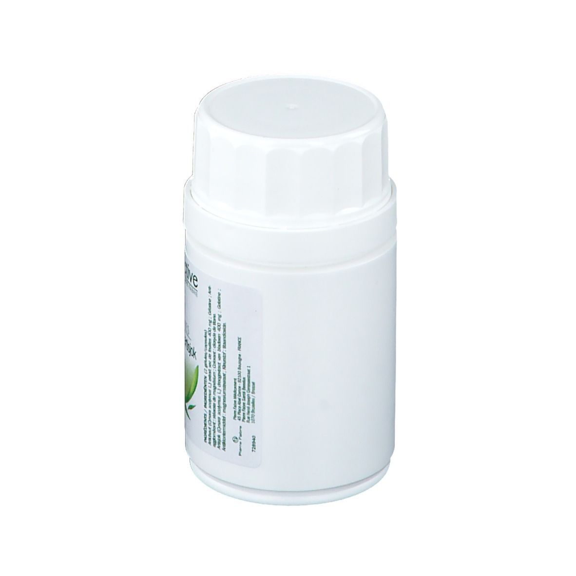 Witte, cilindrische fles met schroefdop. Zijaanzicht.