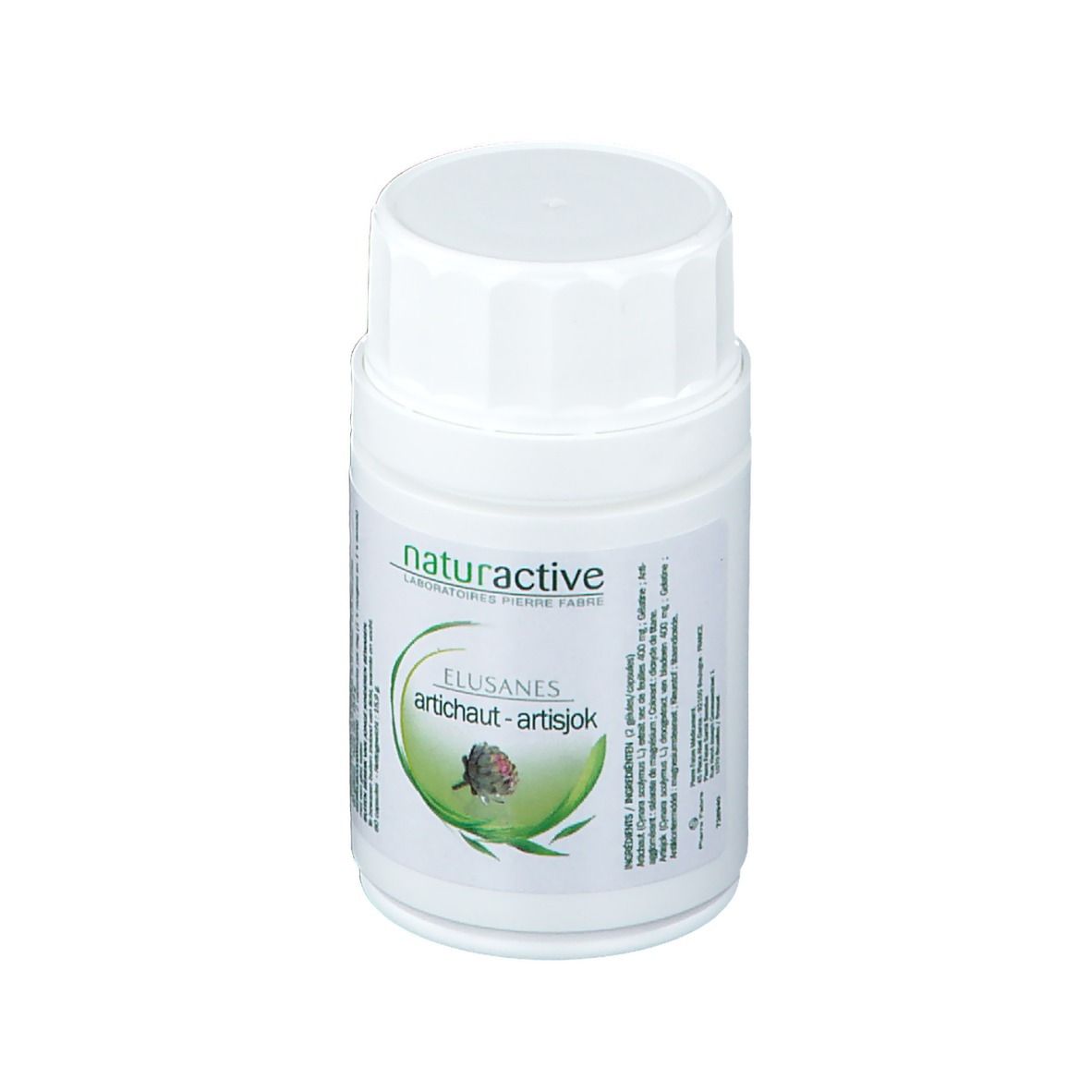 Witte, cilindrische fles met schroefdop. Opschrift: Elusanes Artichaut-Artisjok, naturactive.