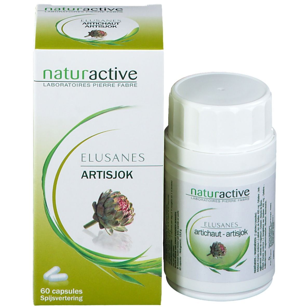 Productverpakking met fles en doos. Opschrift: Elusanes Artisjok, naturactive. 60 capsules.