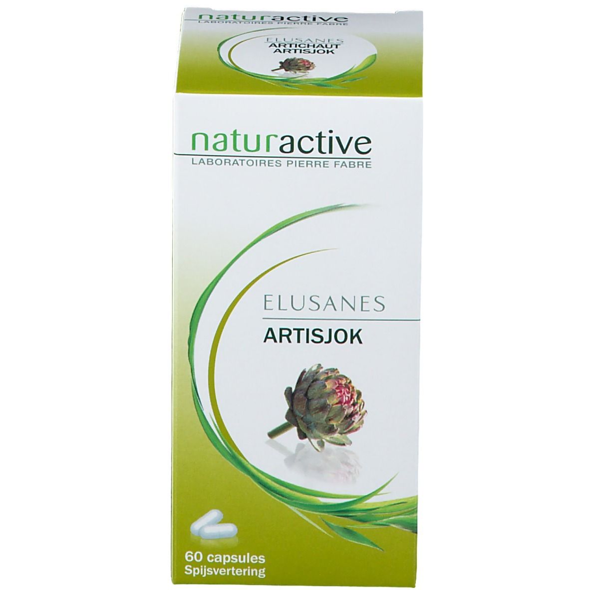 Productverpakking, doos. Opschrift: Elusanes Artisjok, naturactive. 60 capsules.