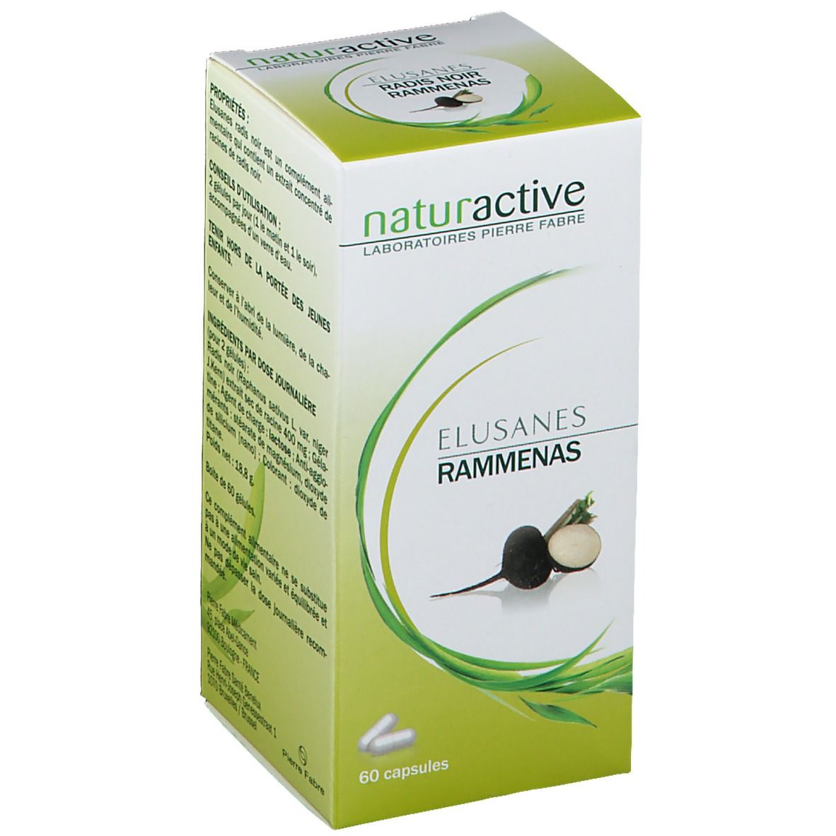 Boîte de gélules Elusanes Rammenas. Marque Naturactive. 60 gélules. Illustration de radis noir.