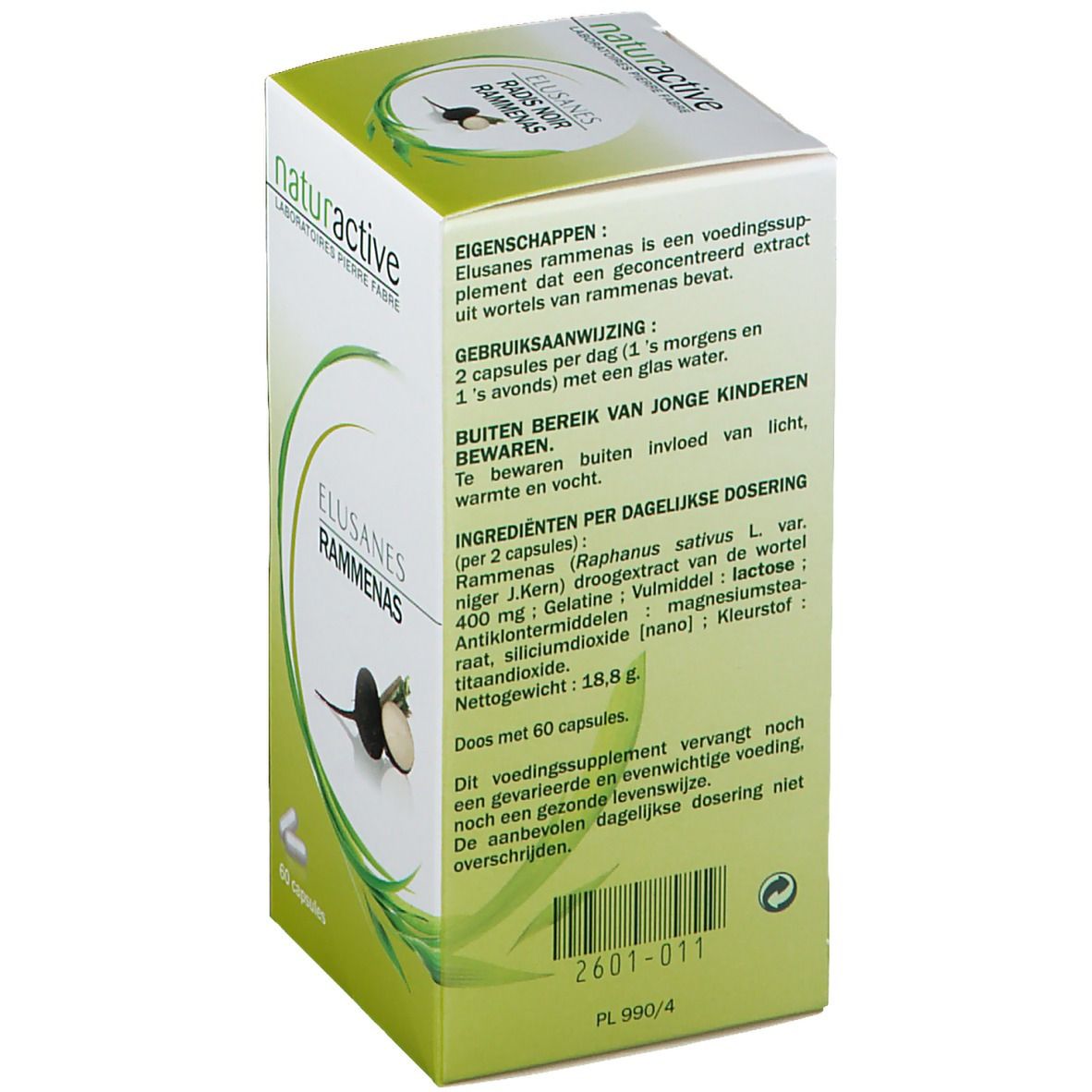 Dos de l'emballage Elusanes Rammenas. Ingrédients, posologie et avertissements. Marque Naturactive.