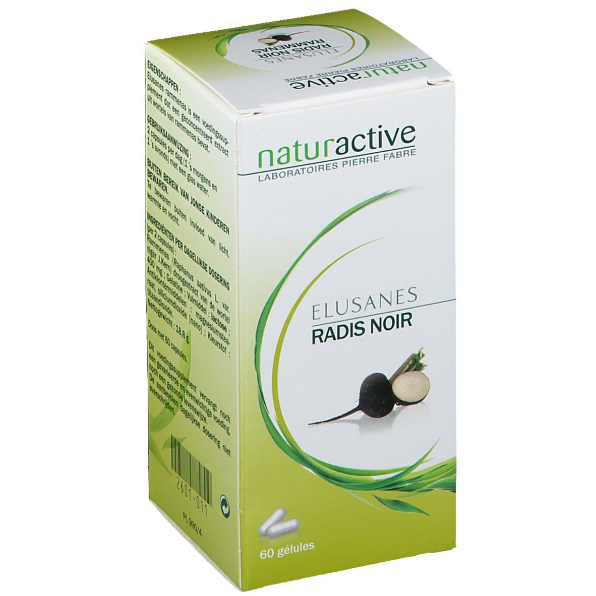 Boîte de gélules Elusanes Radis Noir. Marque Naturactive. 60 gélules. Illustration de radis noir.