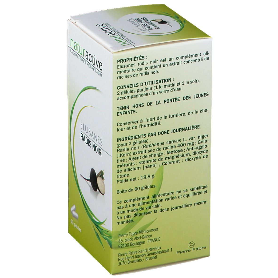 Dos de l'emballage Elusanes Radis Noir. Ingrédients, posologie et avertissements. Marque Naturactive.