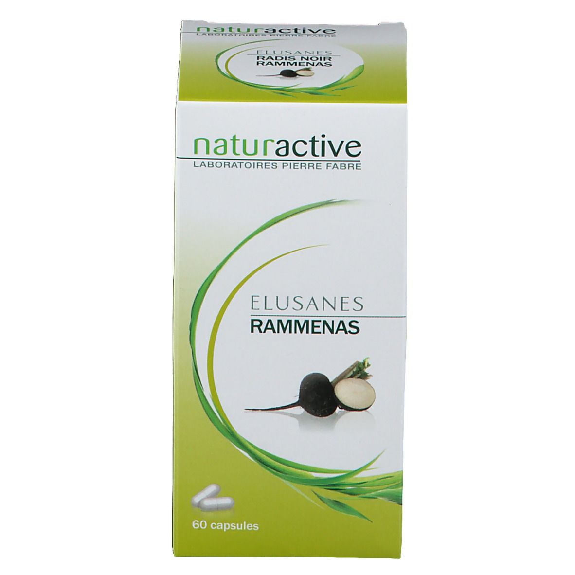 Emballage de gélules Elusanes Rammenas. Marque Naturactive. 60 gélules. Illustration de radis noir.