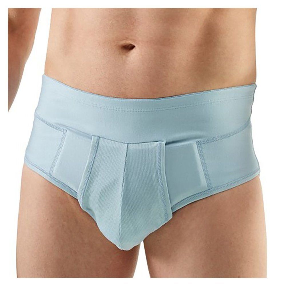 Bota Bandage Herniaire Slip Homme bleu clair. Vue de face, porté par une personne. Détails du produit visibles.