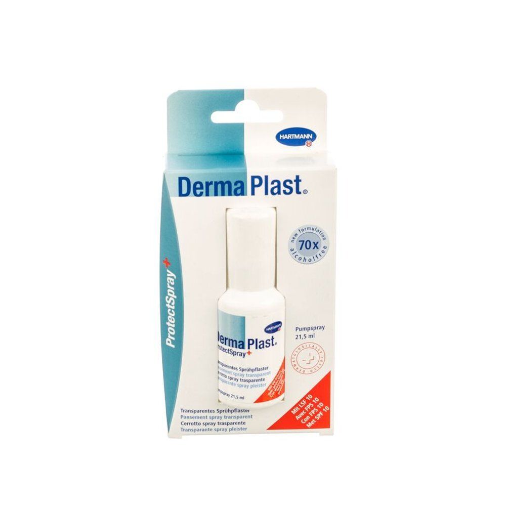 Dermaplast ProtectSpray en emballage. Flacon blanc avec étiquette bleue et rouge. 70x contient de l'alcool.