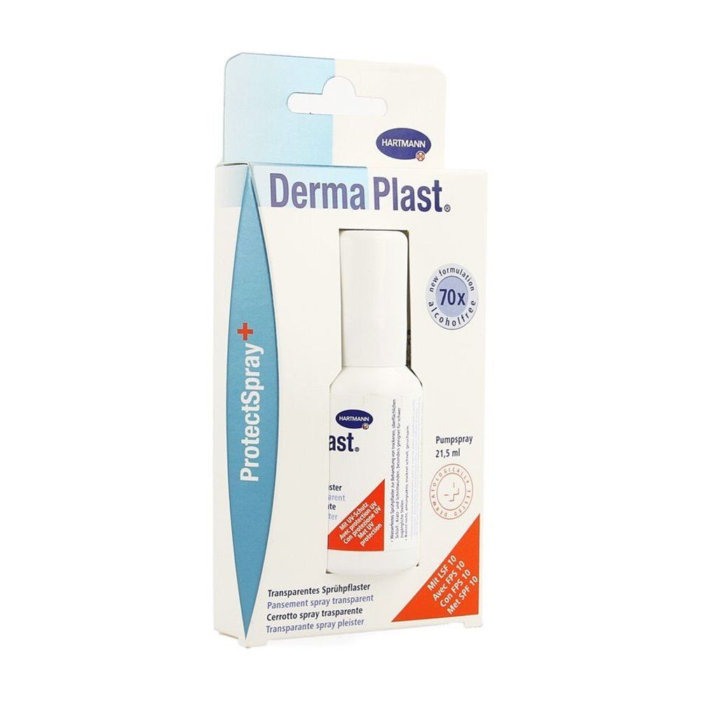Dermaplast ProtectSpray en emballage. Flacon blanc avec étiquette bleue et rouge. 70x contient de l'alcool.