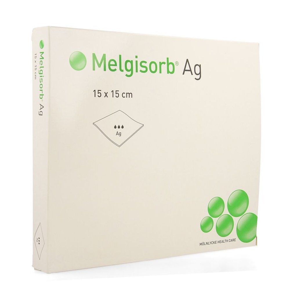 Verpakking Melgisorb Ag, 15 x 15 cm. Opschrift: Melgisorb Ag, groene cirkels, logo. Fabrikant: Mölnlycke Health Care.
