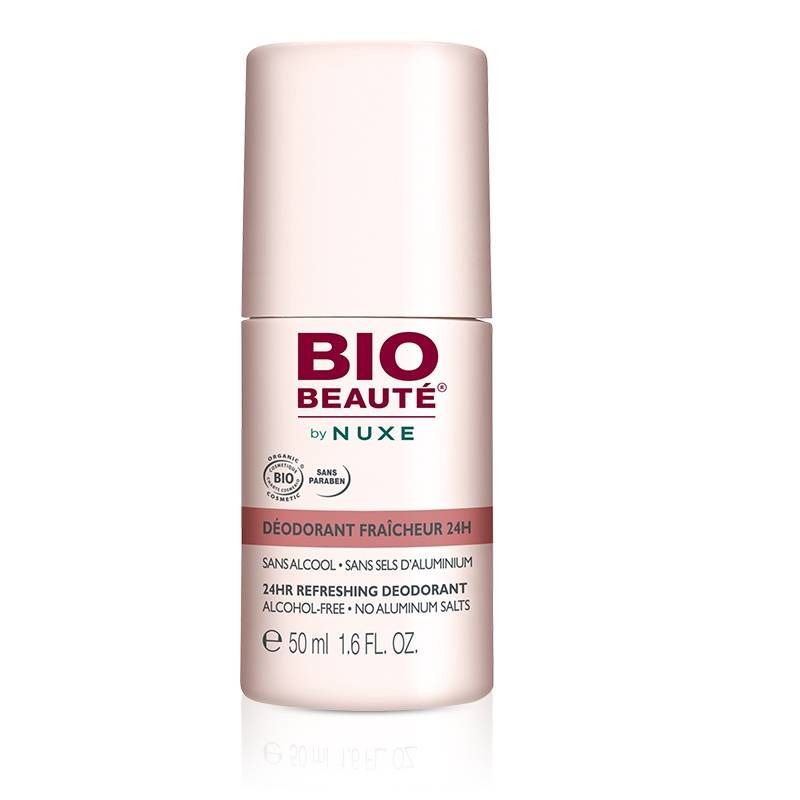 Déodorant roll-on rose et blanc. Inscription: BIO BEAUTÉ by NUXE. 24HR Refreshing Deodorant. Sans alcool, sans sels d'aluminium.