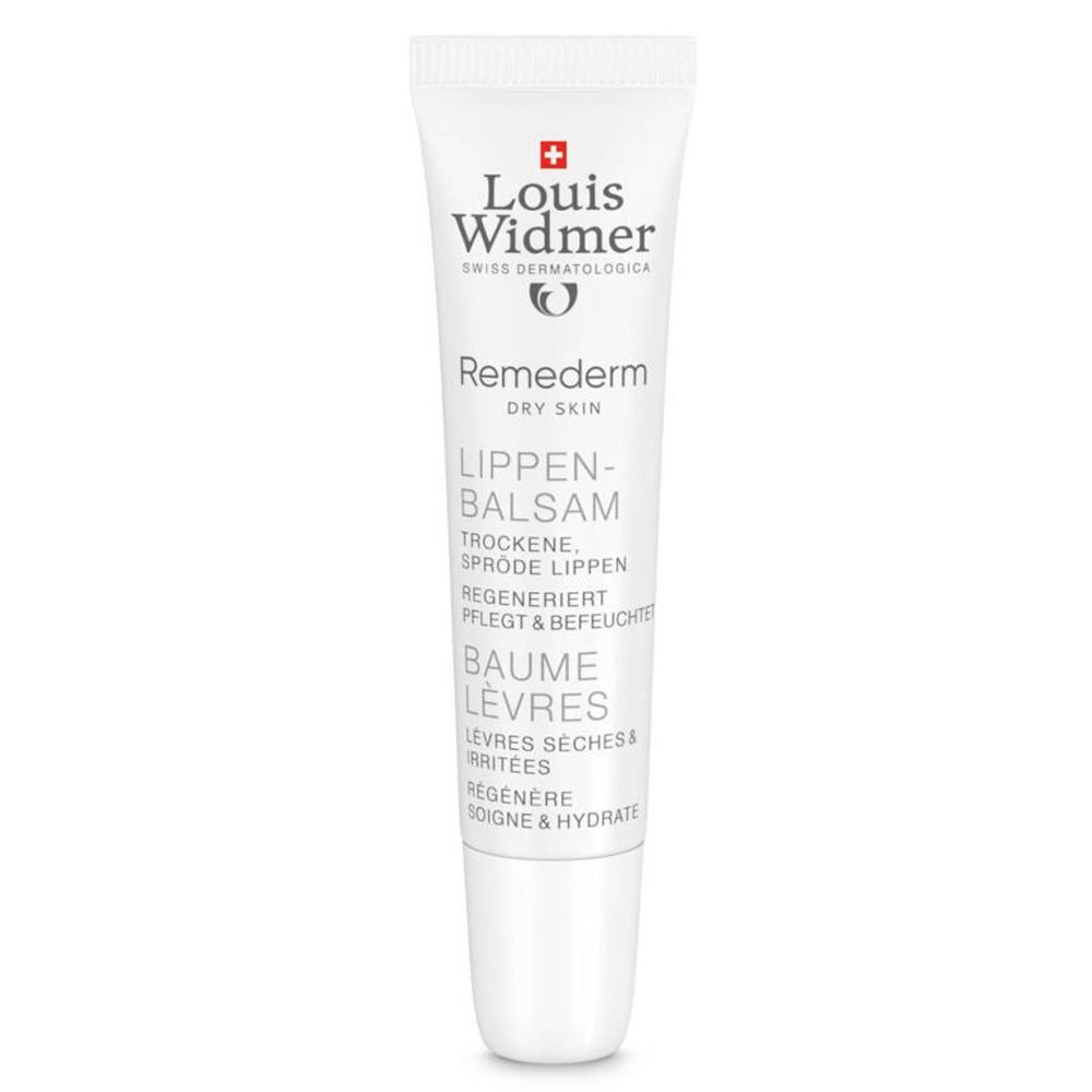 Tube de baume à lèvres blanc avec nom du produit et logo. Texte en allemand et français.