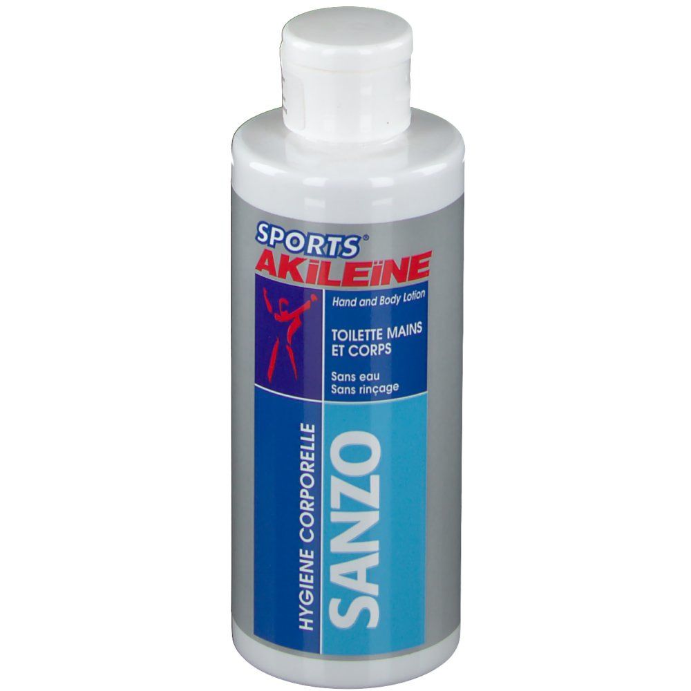 Fles met witte dop. Opschrift: SPORTS AKILEINE SANZO Hand and Body Lotion. Hygiene corporelle.