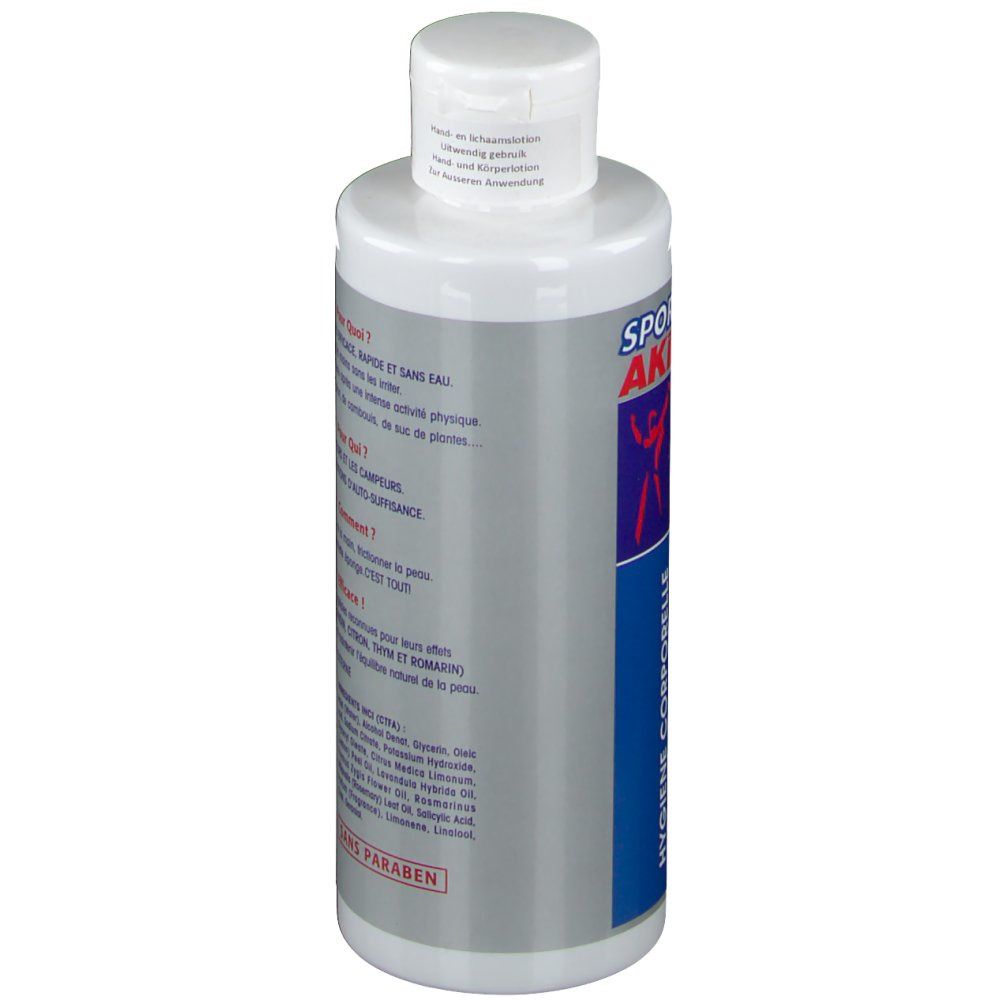 Fles met witte dop. Opschrift: SPORTS AKILEINE SANZO Hand and Body Lotion. Tekst en logo.