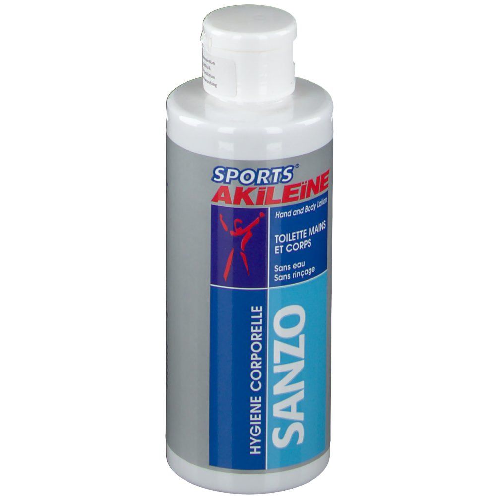 Fles met witte dop. Opschrift: SPORTS AKILEINE SANZO Hand and Body Lotion. Hygiene corporelle.