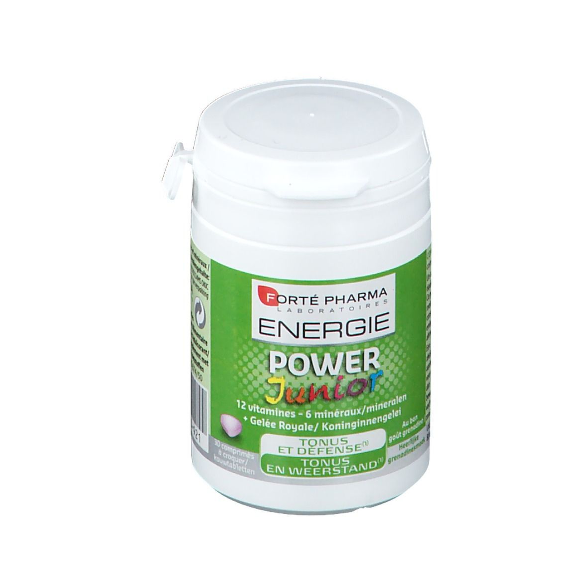 Witte pot met groen etiket. Tekst: Energie Power Junior, 12 vitaminen, 6 mineralen, Gelée Royale. Deksel met sluiting.