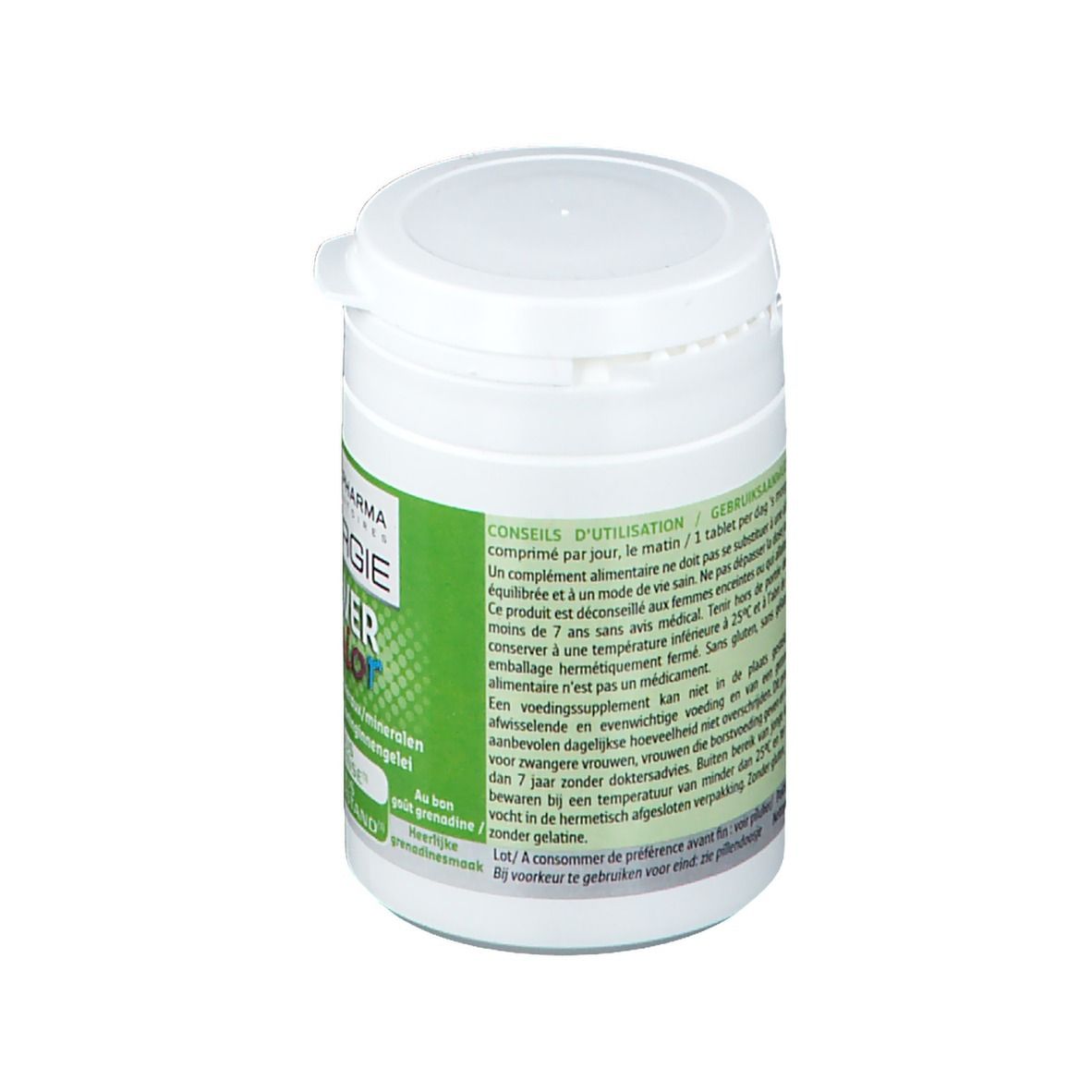 Witte pot met groen etiket. Tekst: Energie Power Junior. Opschriften met gebruiksaanwijzing en ingrediënten.