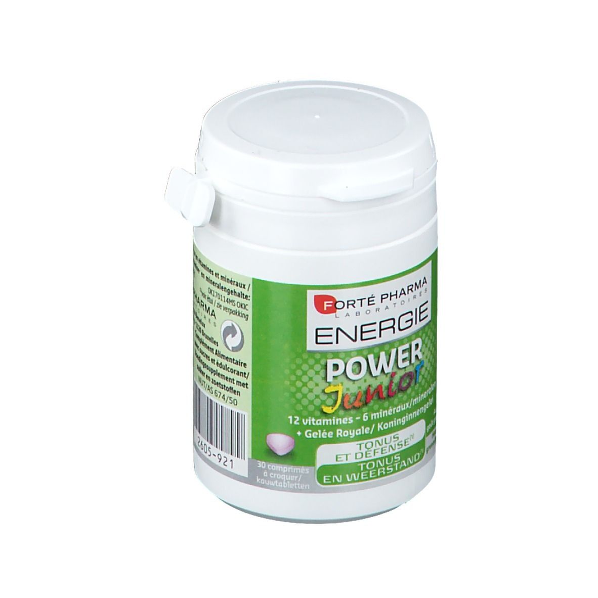 Witte pot met groen etiket. Tekst: Energie Power Junior, 12 vitaminen, 6 mineralen, Gelée Royale. Deksel met sluiting.