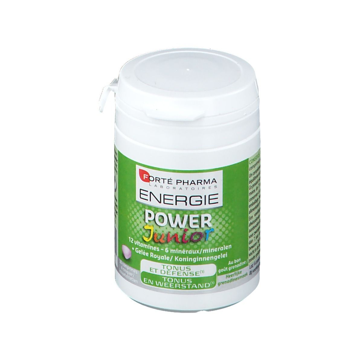 Witte pot met groen etiket. Tekst: Energie Power Junior, 12 vitaminen, 6 mineralen, Gelée Royale. Deksel met sluiting.